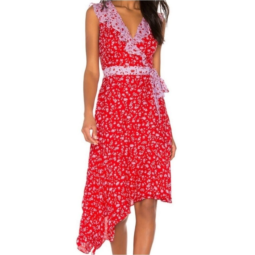 Parker Kaia Faux Wrap Floral Sleeveless  Asymmetrical Silk Red Dress Siz…